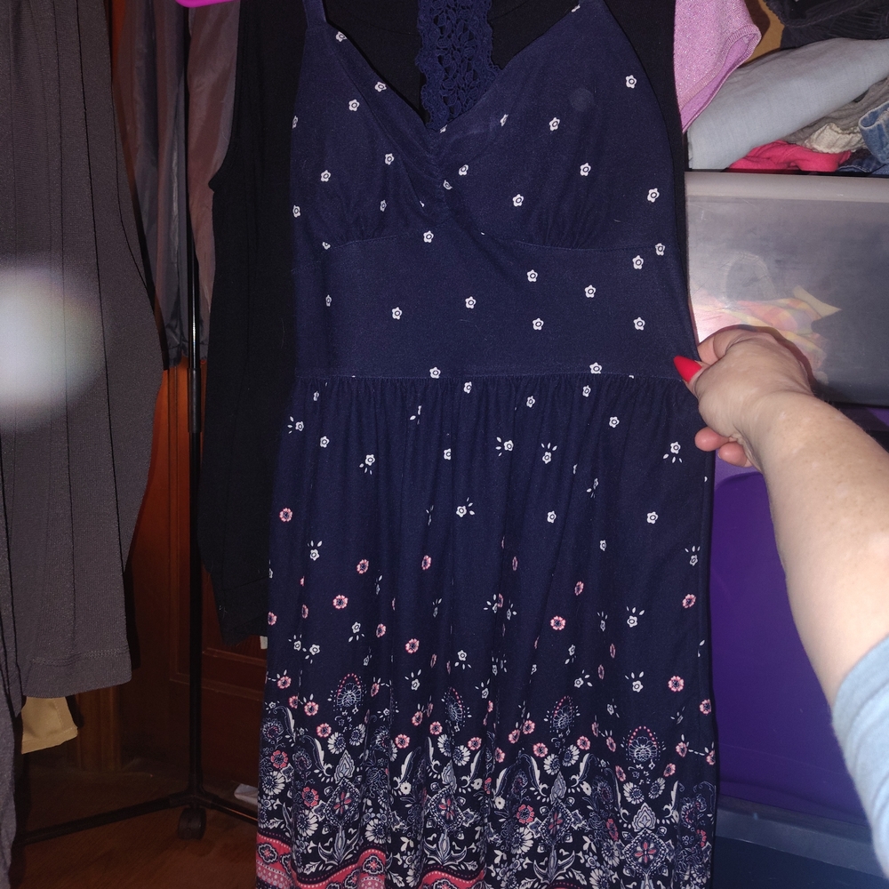 Navy Floral Midi Dress W/Lace T Back
